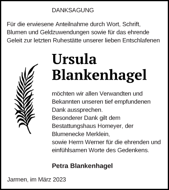 Traueranzeige von Ursula Blankenhagel von Vorpommern Kurier