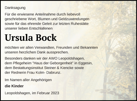 Traueranzeige von Ursula Bock von Haff-Zeitung