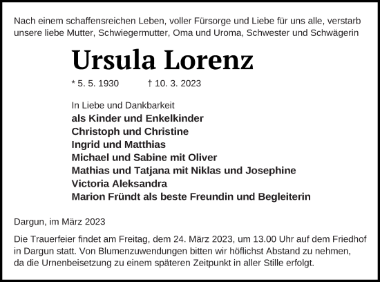 Traueranzeige von Ursula Lorenz von Mecklenburger Schweiz