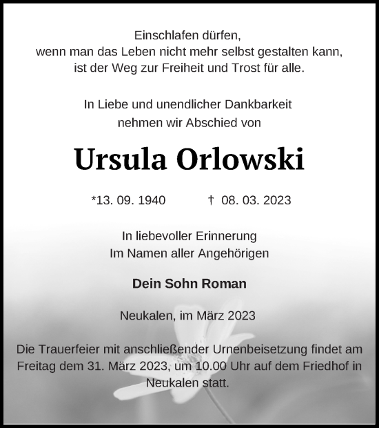 Traueranzeige von Ursula Orlowski von Mecklenburger Schweiz