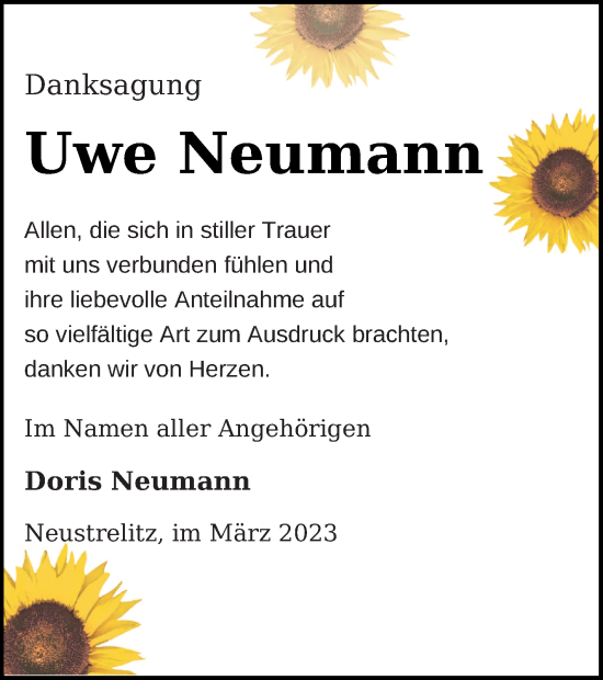 Traueranzeige von Uwe Neumann von Strelitzer Zeitung