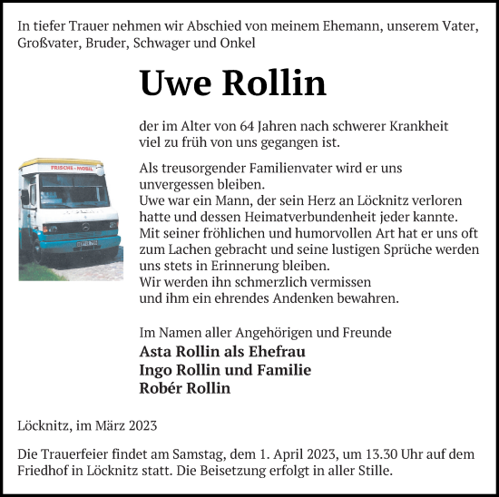 Traueranzeige von Uwe Rollin von Pasewalker Zeitung