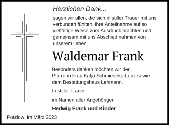 Traueranzeige von Waldemar Frank von Prenzlauer Zeitung