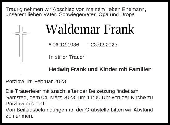 Traueranzeige von Waldemar Frank von Prenzlauer Zeitung