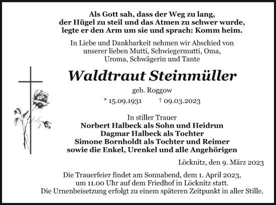 Traueranzeige von Waldtraut Steinmüller von Pasewalker Zeitung