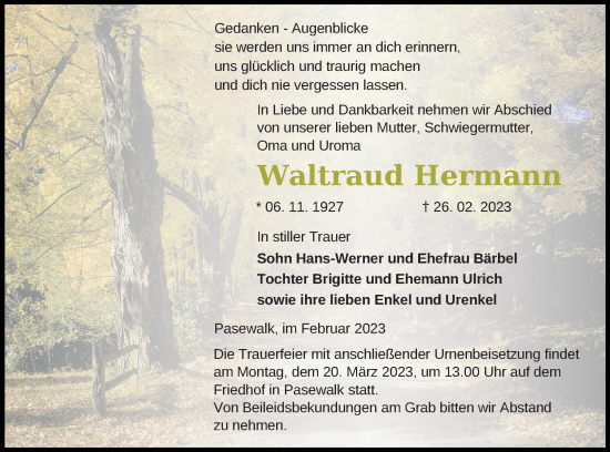 Traueranzeige von Waltraud Hermann von Pasewalker Zeitung