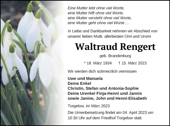 Traueranzeige von Waltraud Rengert von Haff-Zeitung