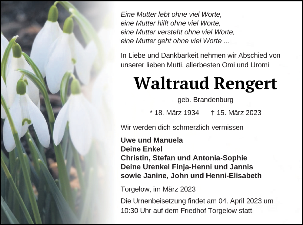  Traueranzeige für Waltraud Rengert vom 17.03.2023 aus Haff-Zeitung