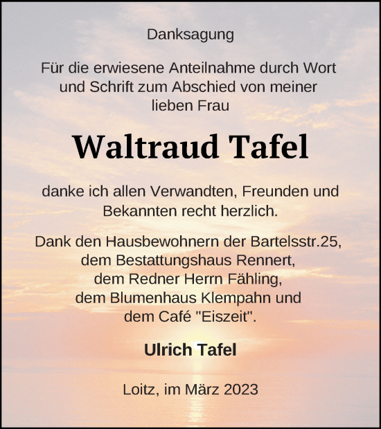 Traueranzeige von Waltraud Tafel von Vorpommern Kurier