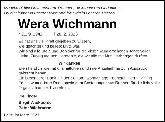 Traueranzeige von Wera Wichmann von Vorpommern Kurier