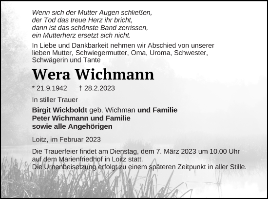 Traueranzeige von Wera Wichmann von Vorpommern Kurier