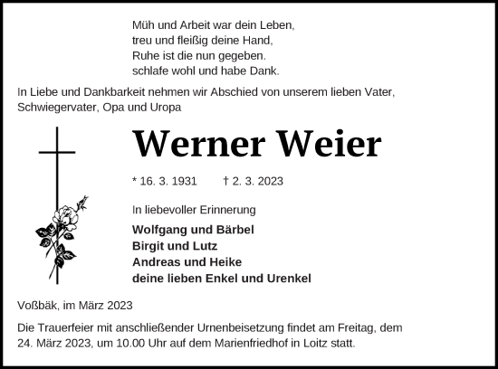 Traueranzeige von Werner Weier von Vorpommern Kurier