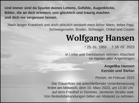 Traueranzeige von Wolfgang Hansen von Demminer Zeitung