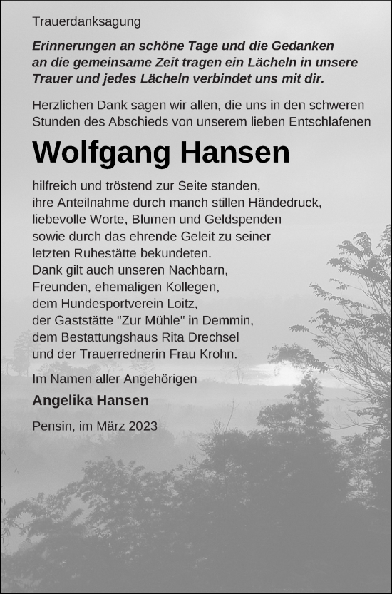 Traueranzeige von Wolfgang Hansen von Demminer Zeitung