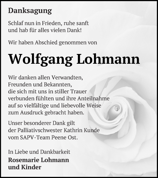 Traueranzeige von Wolfgang Lohmann von Vorpommern Kurier