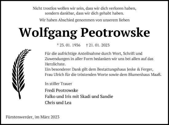 Traueranzeige von Wolfgang Peotrowske von Prenzlauer Zeitung