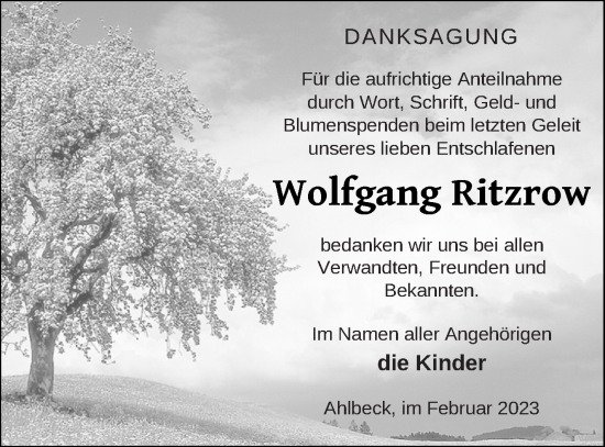 Traueranzeige von Wolfgang Ritzrow von Haff-Zeitung