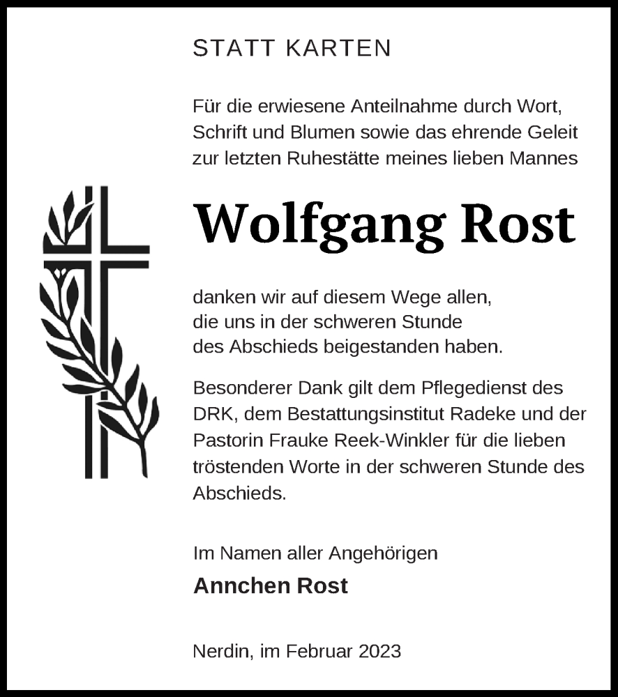  Traueranzeige für Wolfgang Rost vom 04.03.2023 aus Vorpommern Kurier