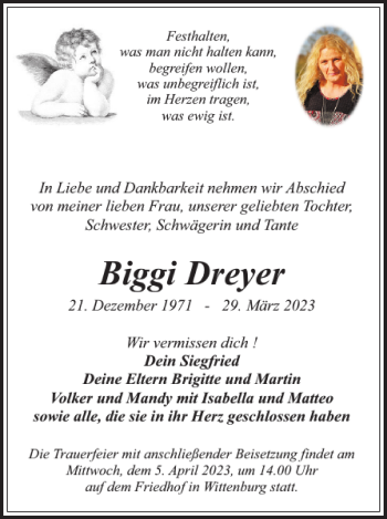 Traueranzeige von Biggi Dreyer von Hagenower Kreisblatt