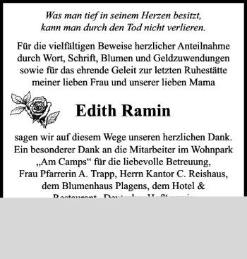 Traueranzeige von Edith Ramin von Der Prignitzer