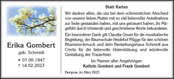 Traueranzeige von Erika Gombert von Zeitung für die Landeshauptstadt