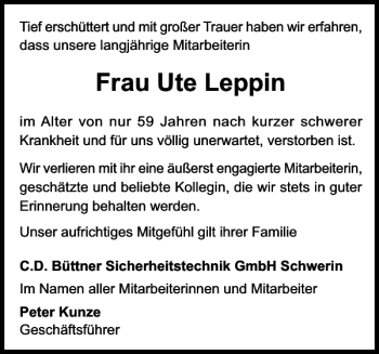 Traueranzeige von Frau Ute Leppin von Zeitung für die Landeshauptstadt