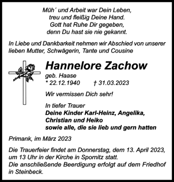 Traueranzeige von Hannelore Zachow von Parchimer Zeitung