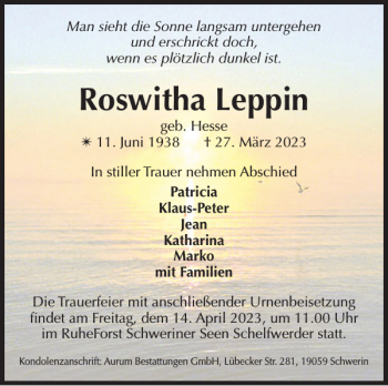 Traueranzeige von Roswitha Leppin von Zeitung für die Landeshauptstadt