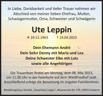 Traueranzeige von Ute Leppin von Zeitung für die Landeshauptstadt