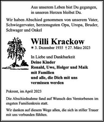 Traueranzeige von Willi Krackow von Gadebusch-Rehnaer Zeitung