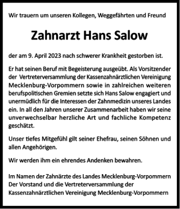 Traueranzeige von Zahnarzt Hans Salow von Güstrower Zeitung