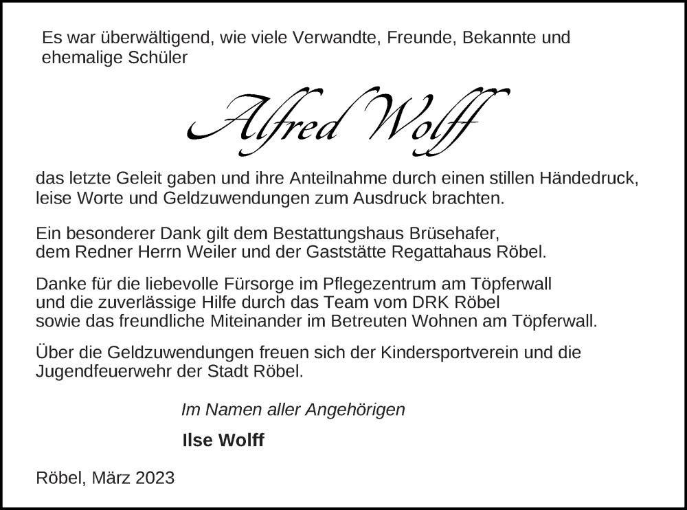  Traueranzeige für Alfred Wolff vom 01.04.2023 aus Müritz-Zeitung
