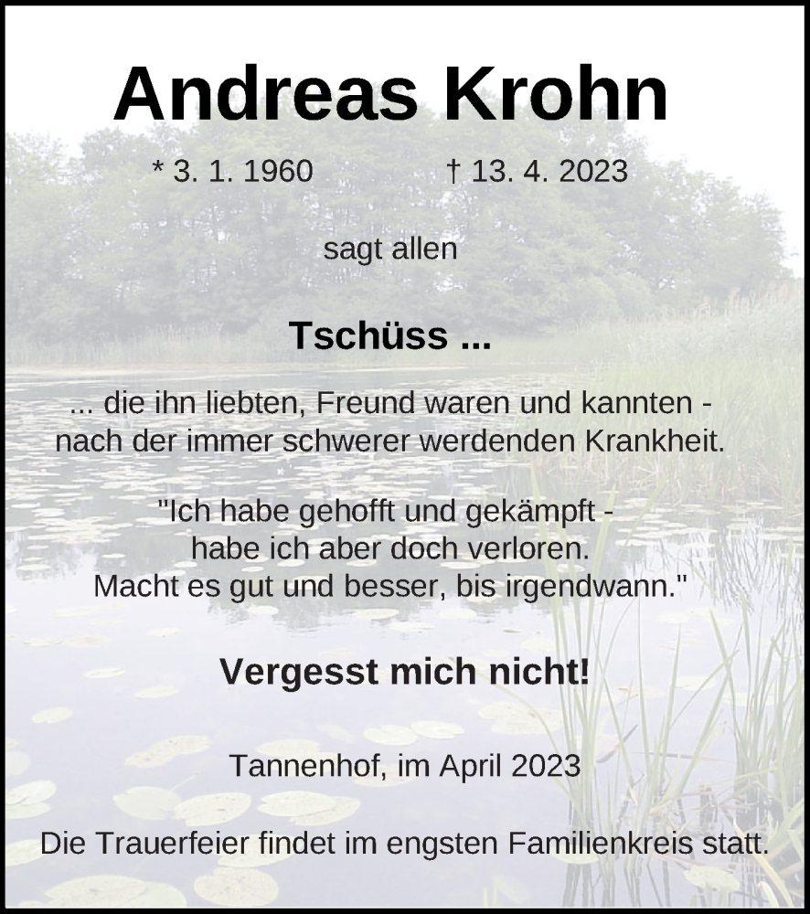  Traueranzeige für Andreas Krohn vom 21.04.2023 aus Strelitzer Zeitung