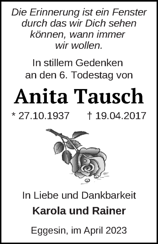 Traueranzeige von Anita Tausch von Haff-Zeitung