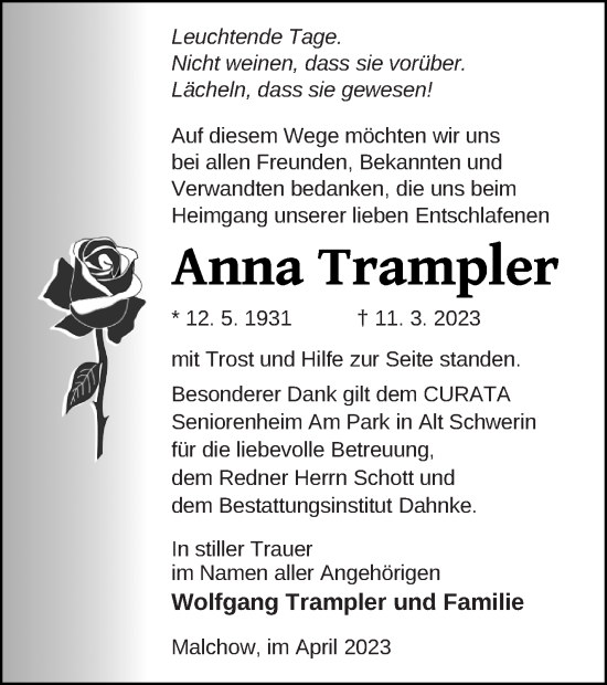 Traueranzeige von Anna Trampler von Müritz-Zeitung