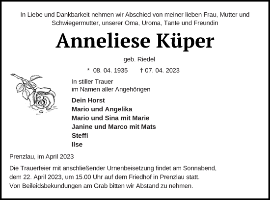 Traueranzeige von Anneliese Küper von Prenzlauer Zeitung