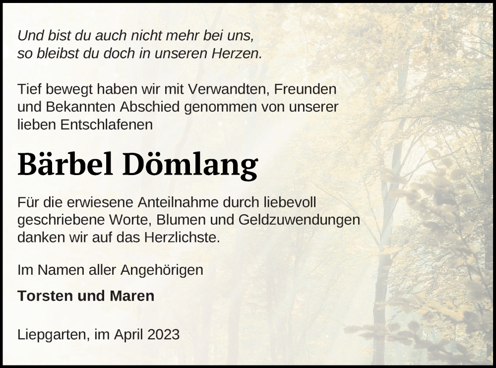  Traueranzeige für Bärbel Dömlang vom 15.04.2023 aus Haff-Zeitung