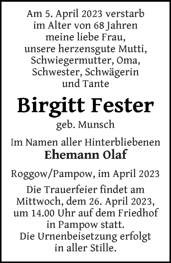 Traueranzeige von Birgitt Fester von Pasewalker Zeitung