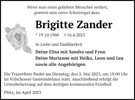 Traueranzeige von Brigitte Zander von Vorpommern Kurier