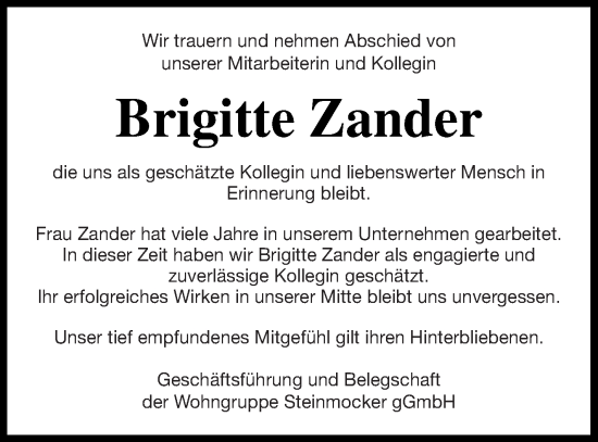 Traueranzeige von Brigitte Zander von Vorpommern Kurier