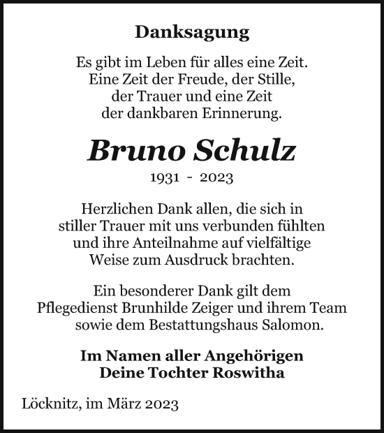 Traueranzeige von Bruno Schulz von Pasewalker Zeitung