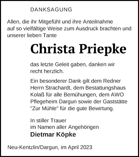 Traueranzeige von Christa Priepke von Demminer Zeitung