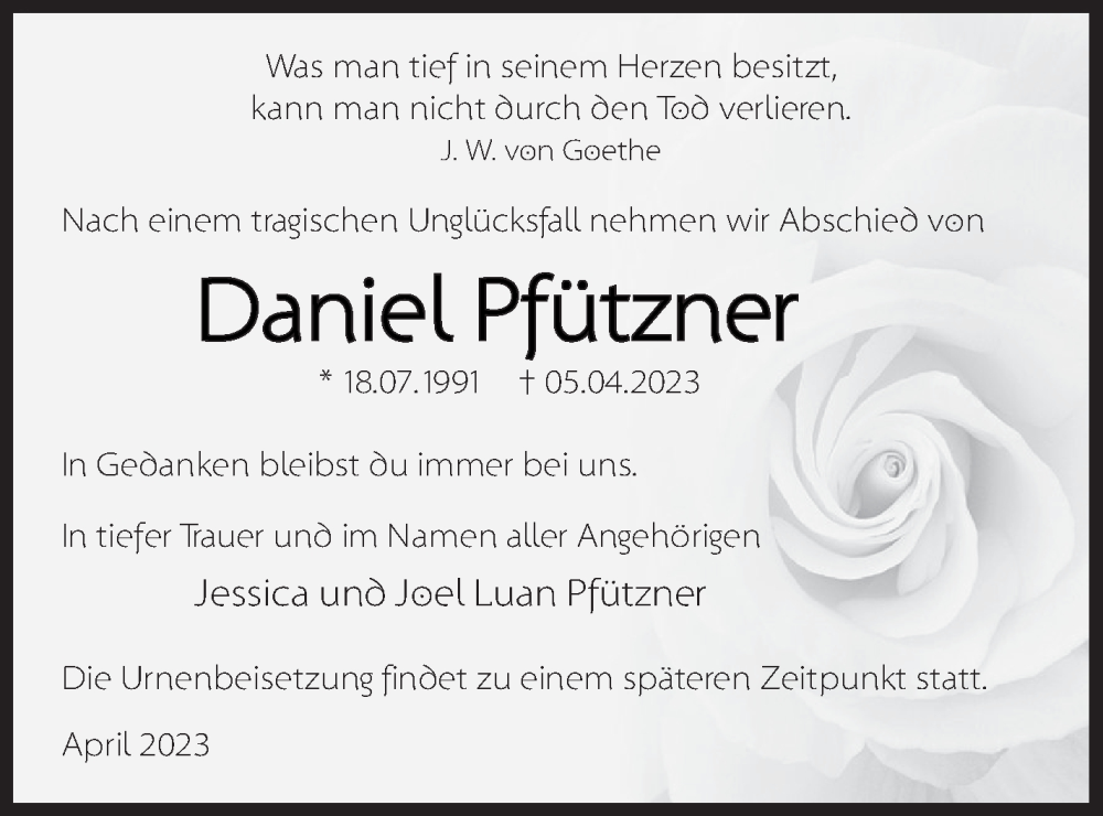  Traueranzeige für Daniel Pfützner vom 29.04.2023 aus Templiner Zeitung