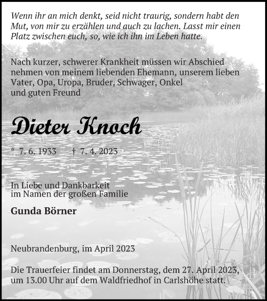 Traueranzeige von Dieter Knoch von Neubrandenburger Zeitung