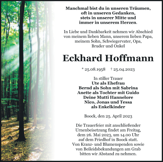 Traueranzeige von Eckhard Hoffmann von Pasewalker Zeitung