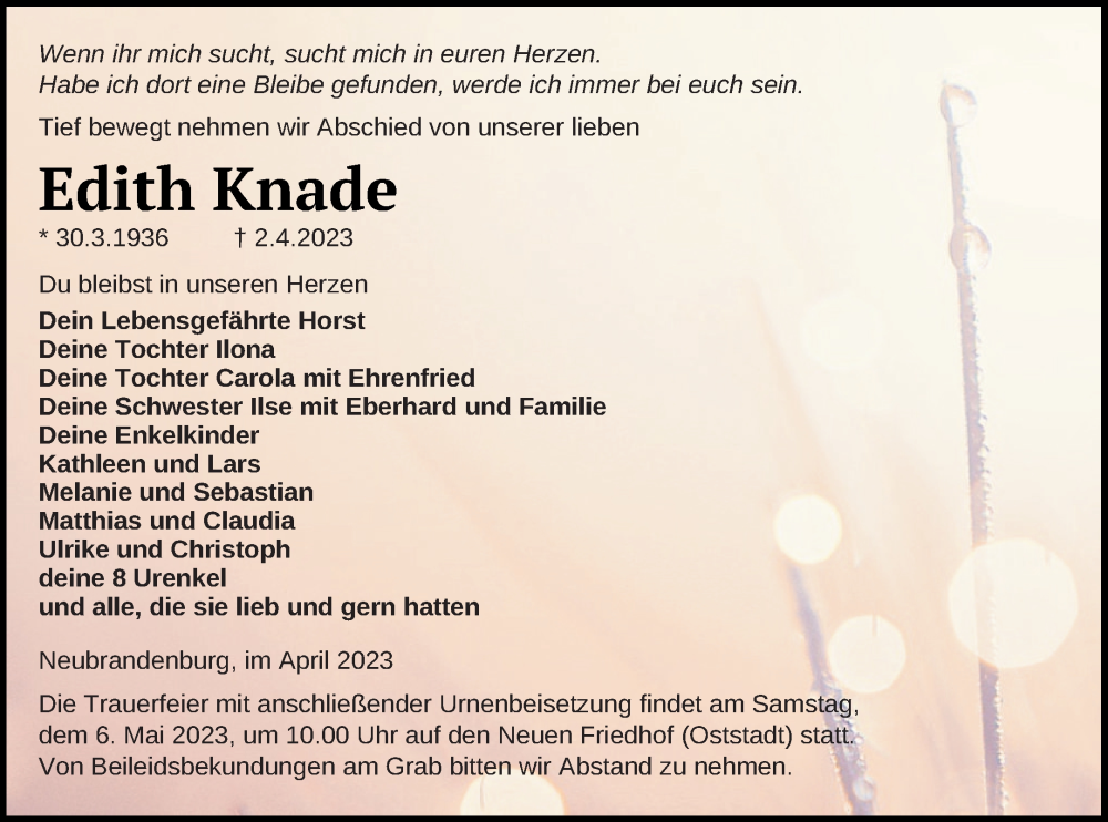  Traueranzeige für Edith Knade vom 14.04.2023 aus Demminer Zeitung