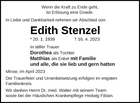 Traueranzeige von Edith Stenzel von Strelitzer Zeitung