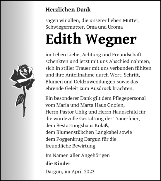 Traueranzeige von Edith Wegner von Mecklenburger Schweiz