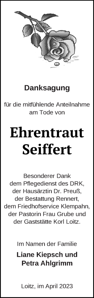 Traueranzeige von Ehrentraut Seiffert von Vorpommern Kurier