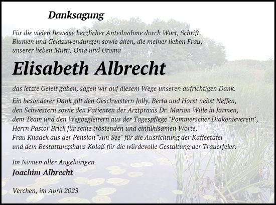 Traueranzeige von Elisabeth Albrecht von Vorpommern Kurier